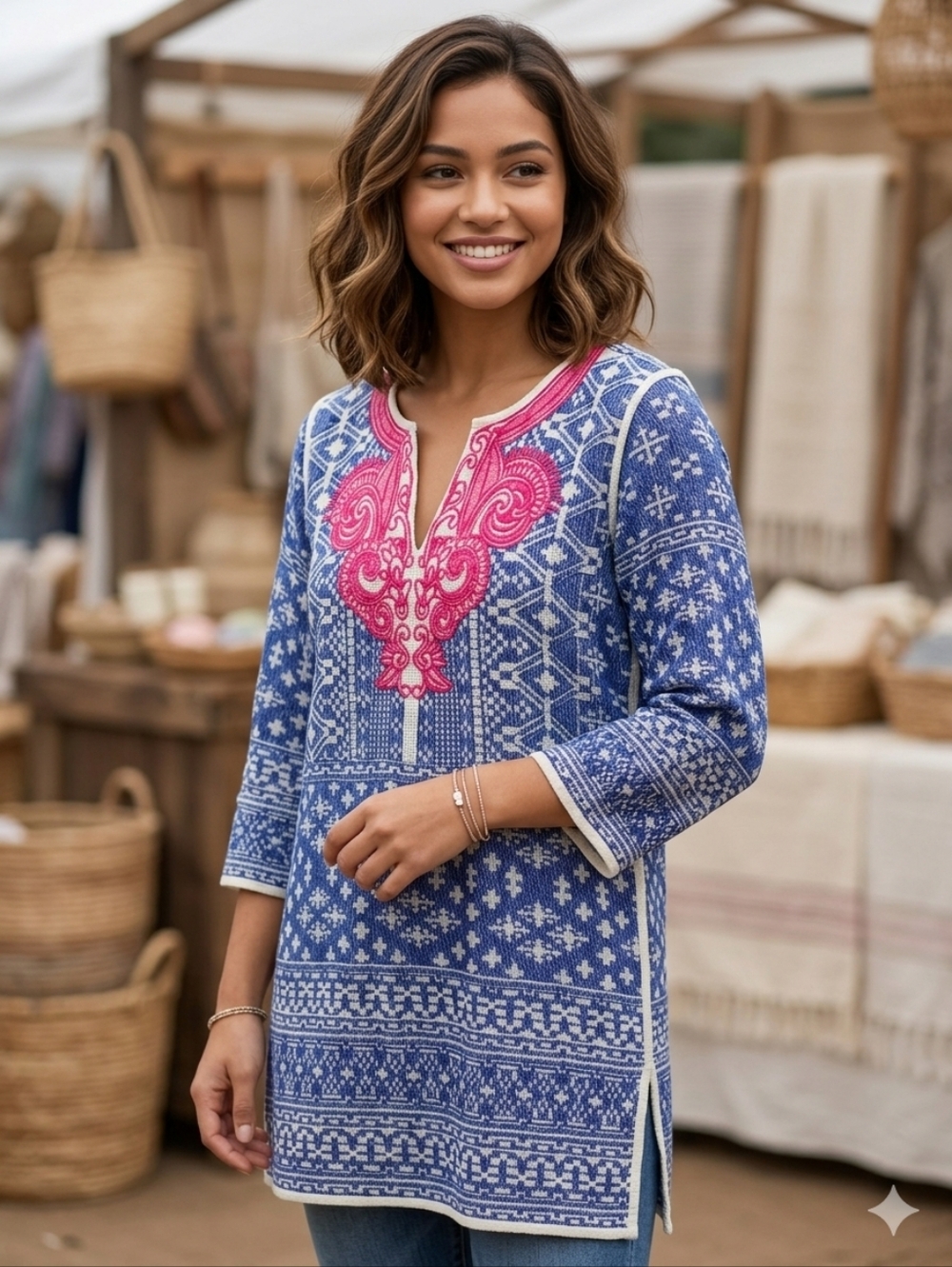Soft Surroundings Label Noir Blue & Pink Embroidered Tunic XS